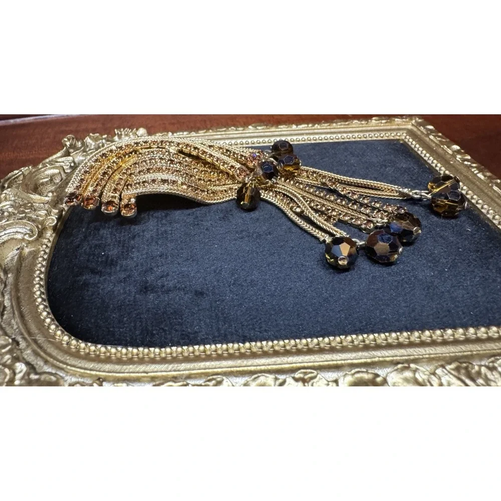 Vintage Gold Tone‎ Waterfall Tassel Brooch Rhinestone Faceted Bead Dangle